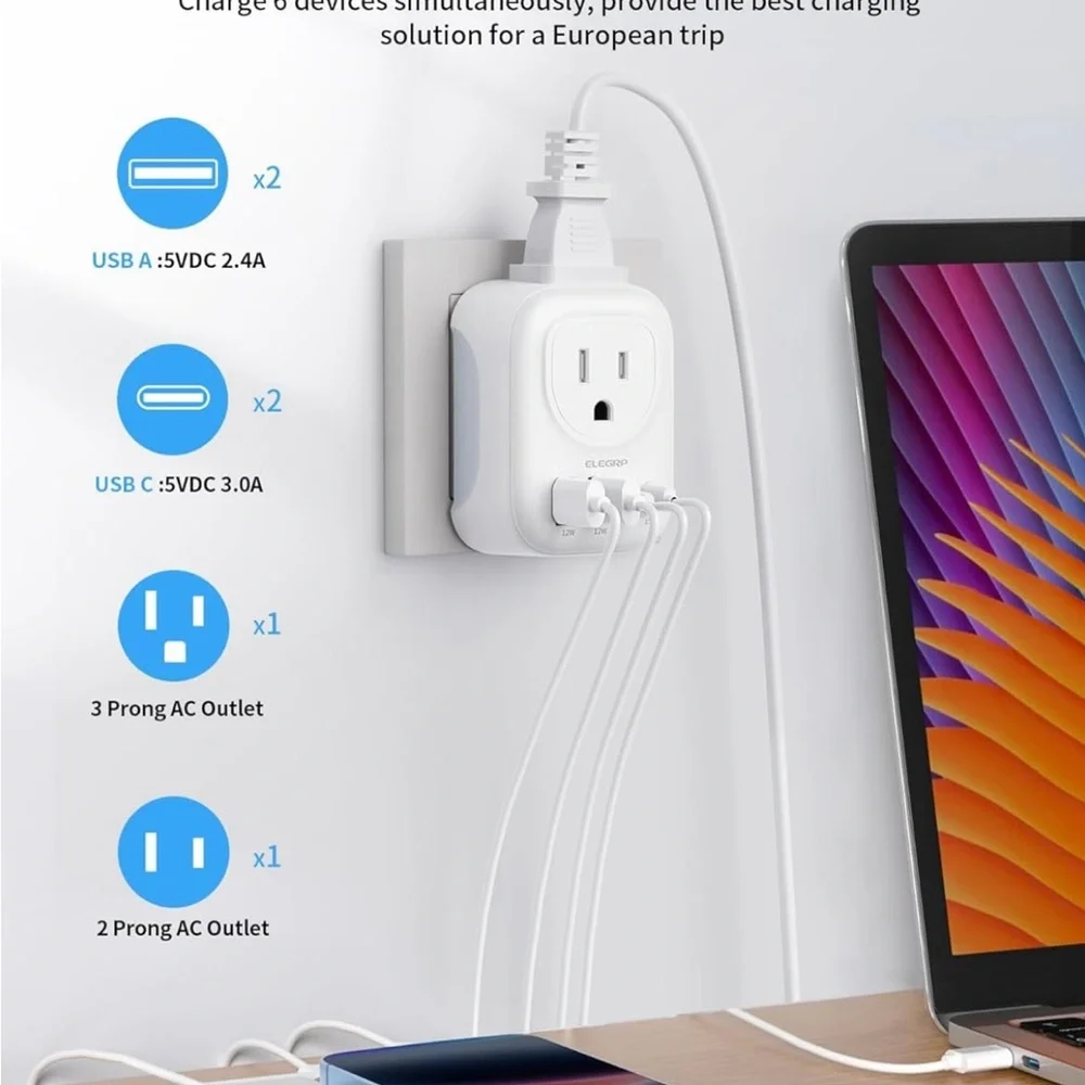 ELEGRP European Travel Plug Adapter with USB Ports